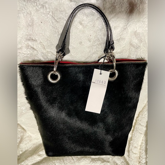 MAURIZIO TAIUTI Leather & Cowhide Tote Bag Satchel Black with Red lining NEW - Picture 2 of 7